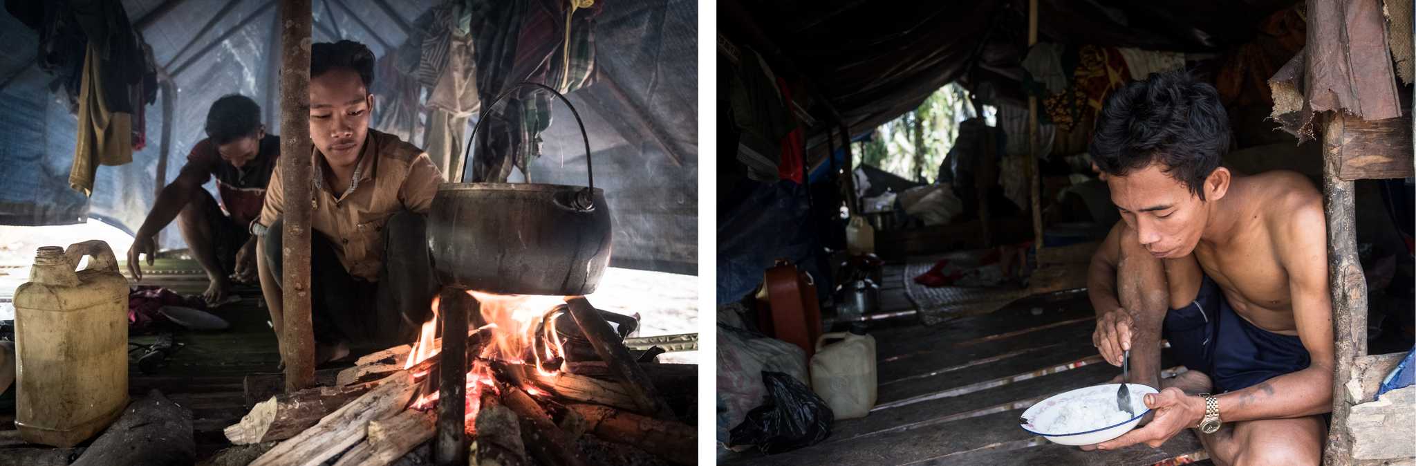 Sandra, left, cooks rice for his family in their hut. It is common for Suku Anak Dalam teenagers not to attend school. Mat Yadi, right, eats a lunch of rice and salt. By Nopri Ismi.